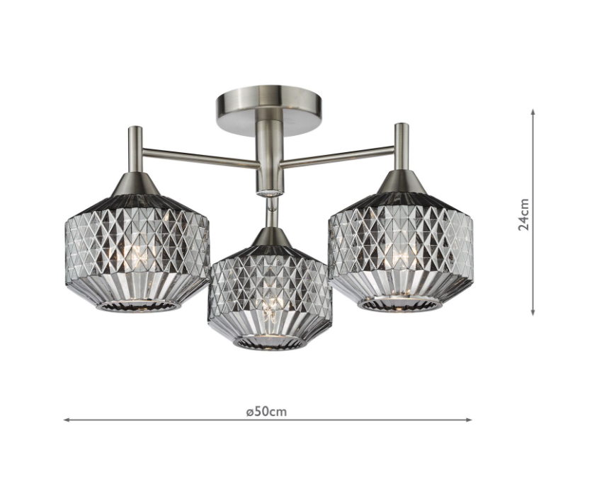 Fabrienne 3/5Lt Semi-Flush Light- Satin Nickel and Smoked Glass