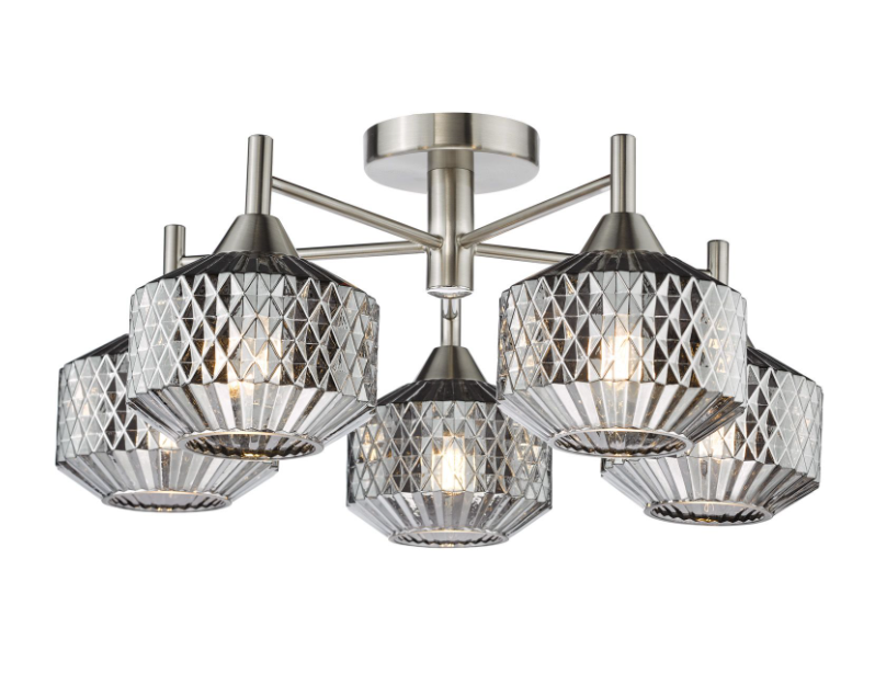 Fabrienne 3/5Lt Semi-Flush Light- Satin Nickel and Smoked Glass