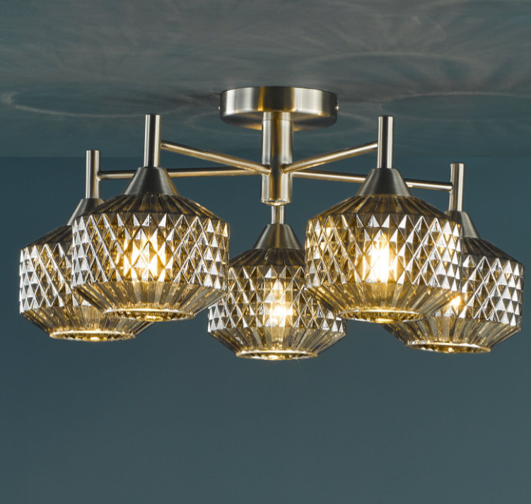Fabrienne 3/5Lt Semi-Flush Light- Satin Nickel and Smoked Glass