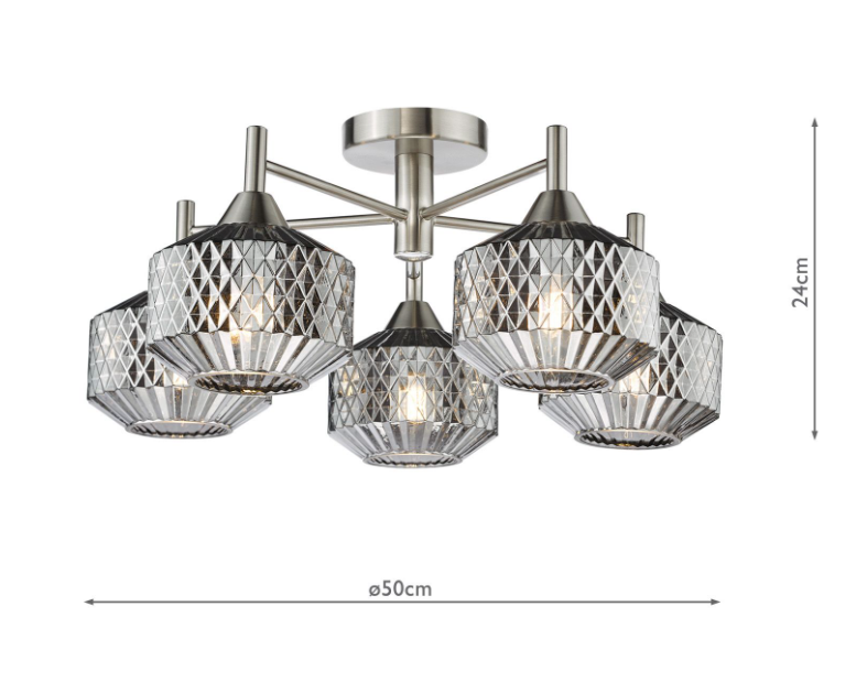 Fabrienne 3/5Lt Semi-Flush Light- Satin Nickel and Smoked Glass