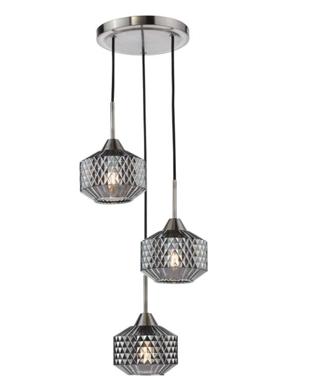Fabrienne 3 Light Cluster Pendant- Satin Nickel and Smoked Glass