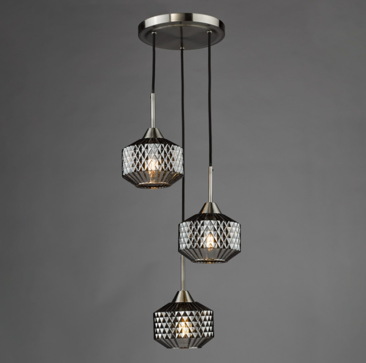 Fabrienne 3 Light Cluster Pendant- Satin Nickel and Smoked Glass