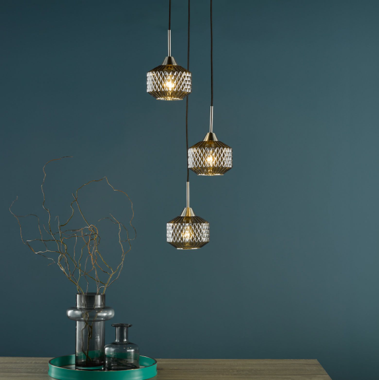 Fabrienne 3 Light Cluster Pendant- Satin Nickel and Smoked Glass