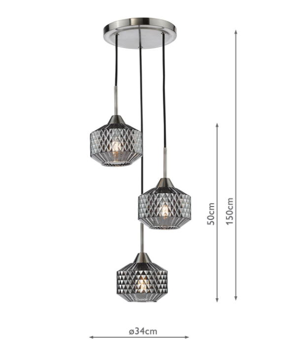 Fabrienne 3 Light Cluster Pendant- Satin Nickel and Smoked Glass