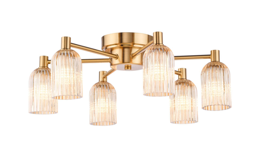 Hilaria 6Lt Flush Light- Antique Gold and Amber Ribbed Glass