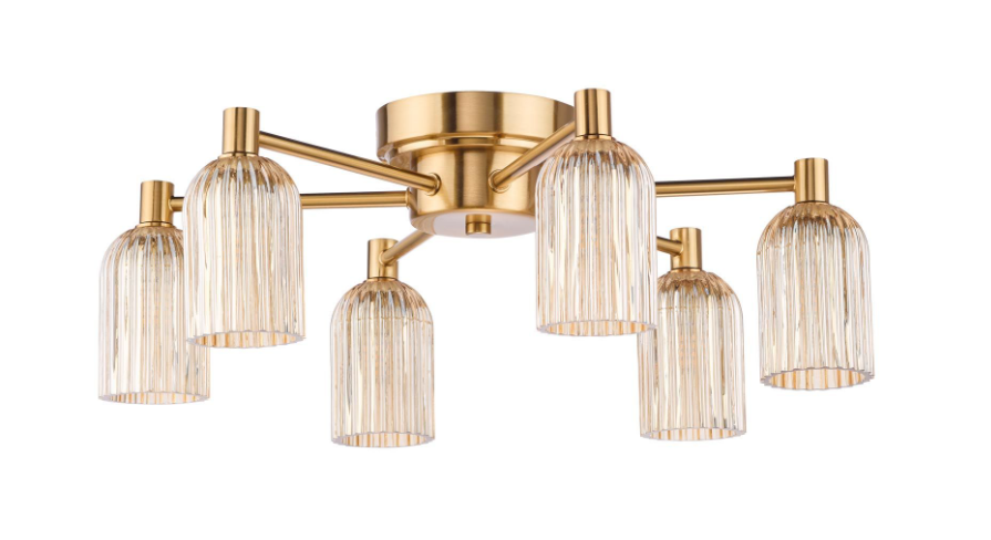 Hilaria 6Lt Flush Light- Antique Gold and Amber Ribbed Glass