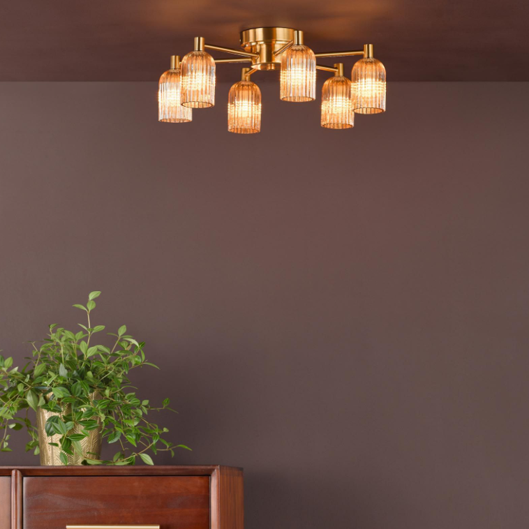 Hilaria 6Lt Flush Light- Antique Gold and Amber Ribbed Glass