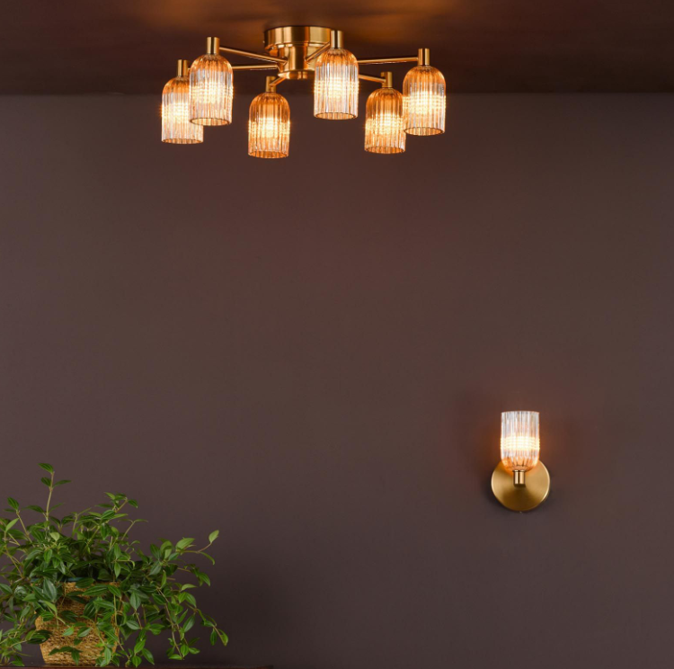 Hilaria 6Lt Flush Light- Antique Gold and Amber Ribbed Glass