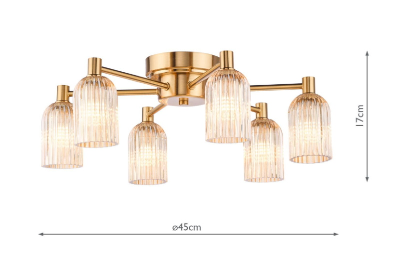 Hilaria 6Lt Flush Light- Antique Gold and Amber Ribbed Glass