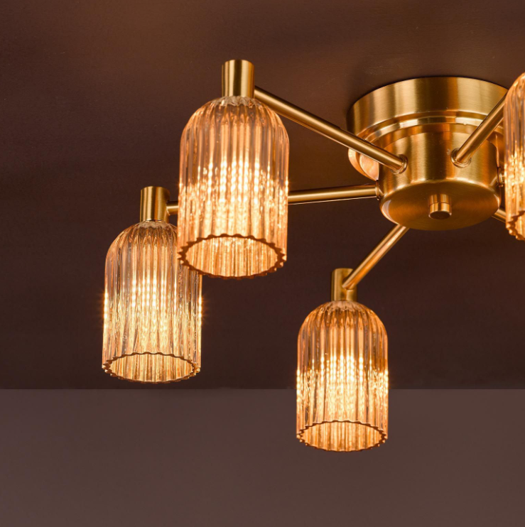 Hilaria 6Lt Flush Light- Antique Gold and Amber Ribbed Glass
