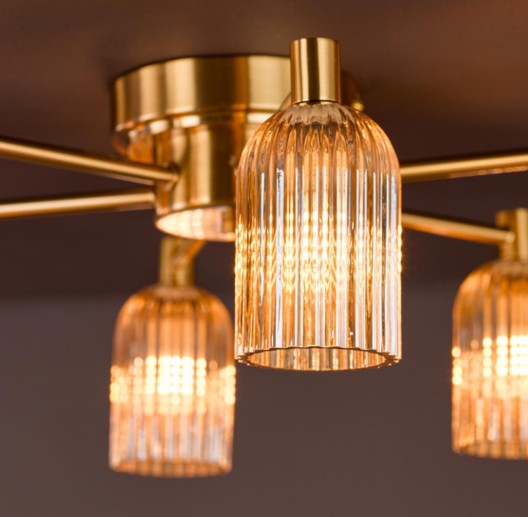 Hilaria 6Lt Flush Light- Antique Gold and Amber Ribbed Glass