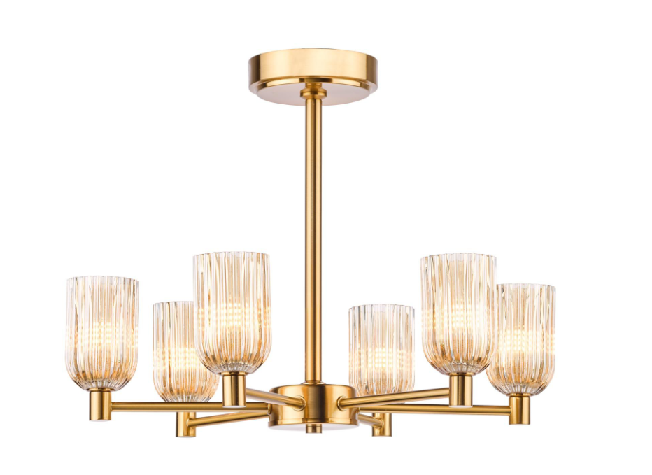 Hilaria 6Lt Semi-Flush Light- Antique Gold and Amber Ribbed Glass