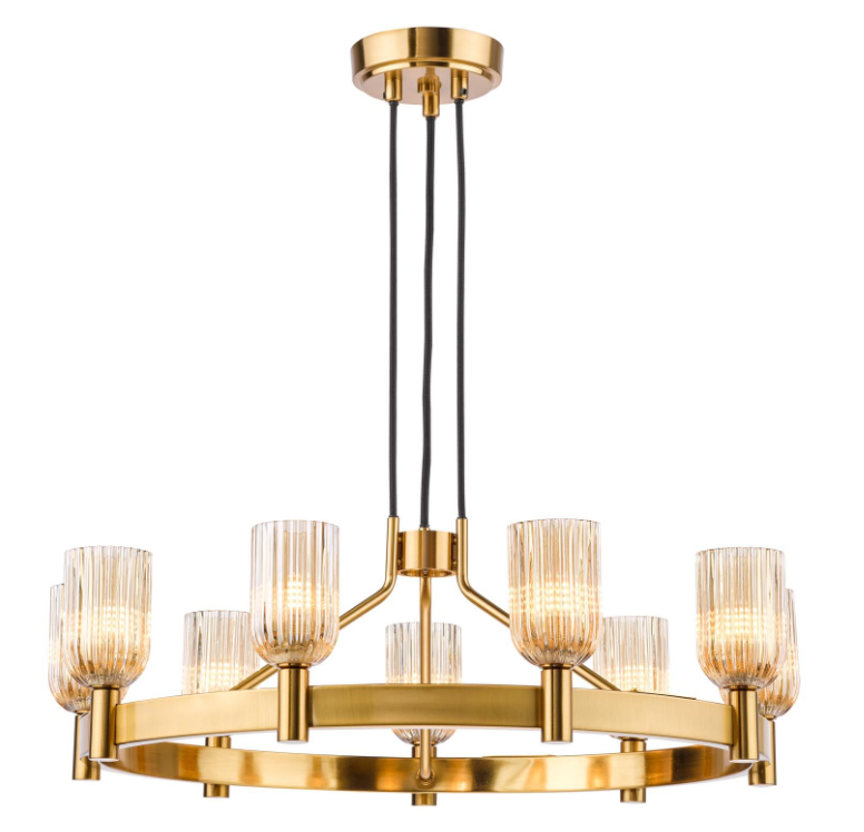 Hilaria 9 Light Chandelier-Antique Gold and Amber Ribbed Glass