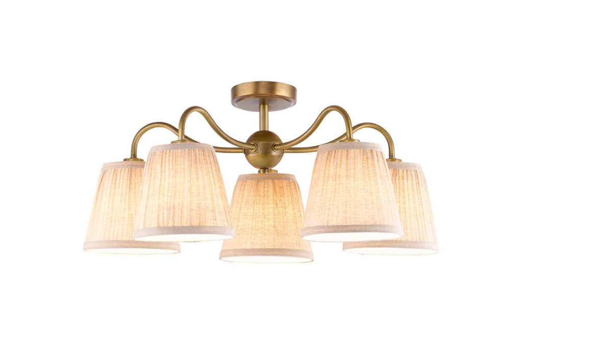Elara 5Lt Semi-Flush Light- Antique Bronze With Natural Linen Pleated Shades