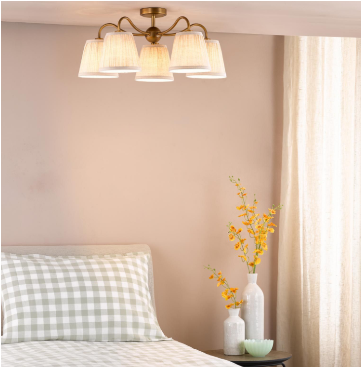 Elara 5Lt Semi-Flush Light- Antique Bronze With Natural Linen Pleated Shades