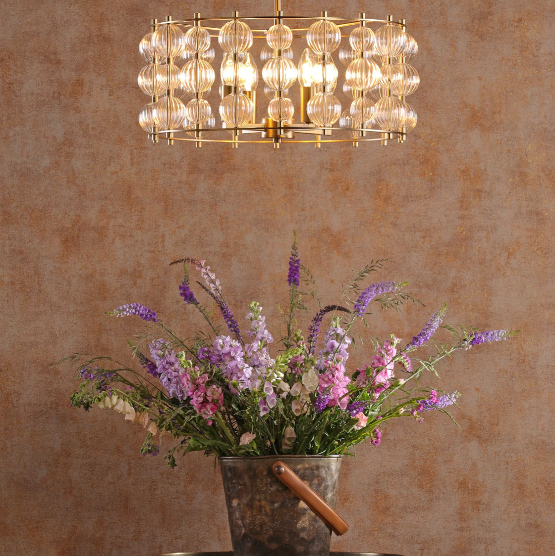 Yuridia 4 Light Pendant Satin Gold and Ribbed Glass
