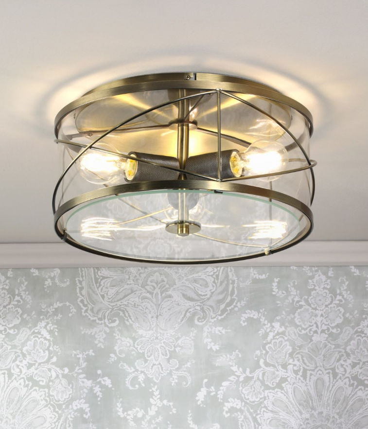 Beckworth 3 Light Flush- Antique Brass and Glass