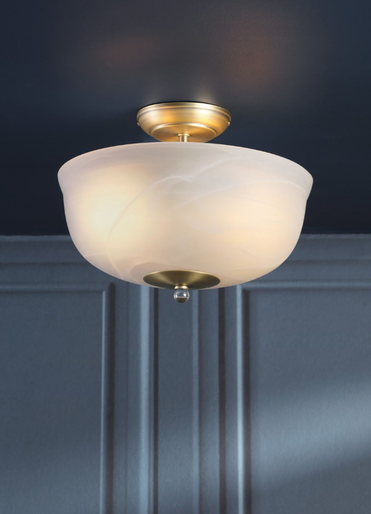 Cossington 2 Lt Semi-Flush Light- Matt Antique Brass and White Marble Effect Glass