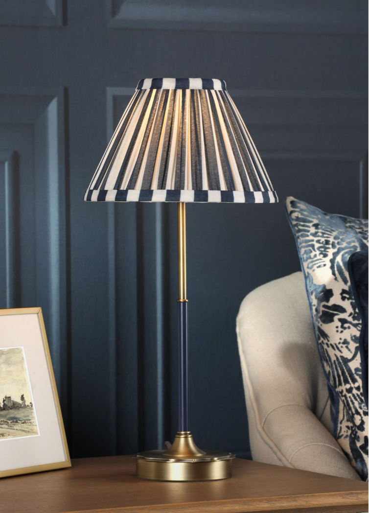 Denwick Table Lamp- Matt Antique Brass and Satin Blue With Shade