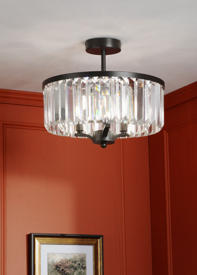 Elkwood 3 Light Semi Flush- Crystal and Black