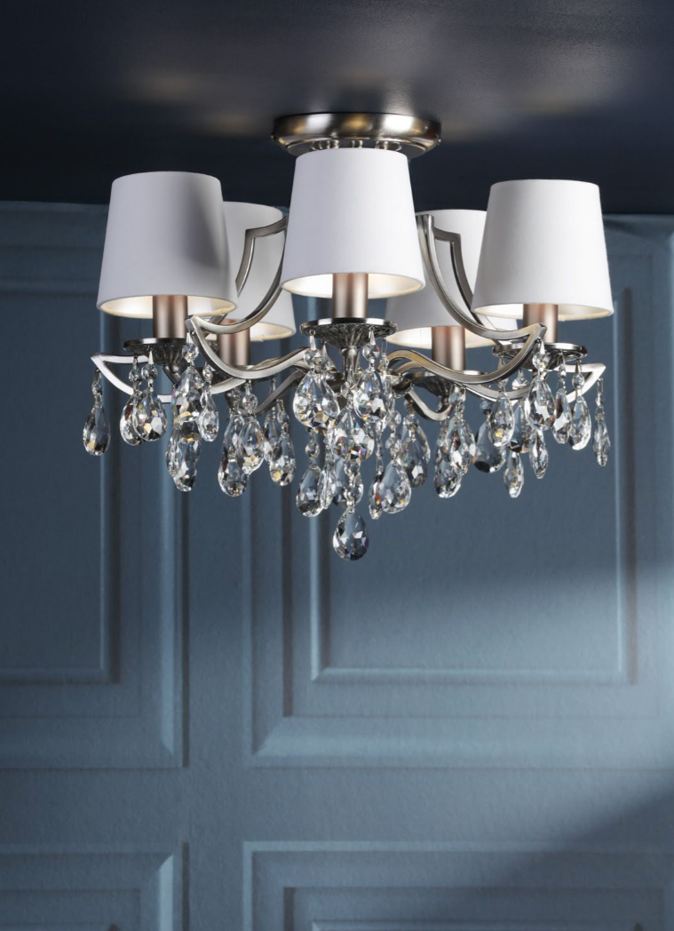 Enstone 5 Lt Semi-Flush Ceiling Light- Polished Nickel and Crystal With Shade