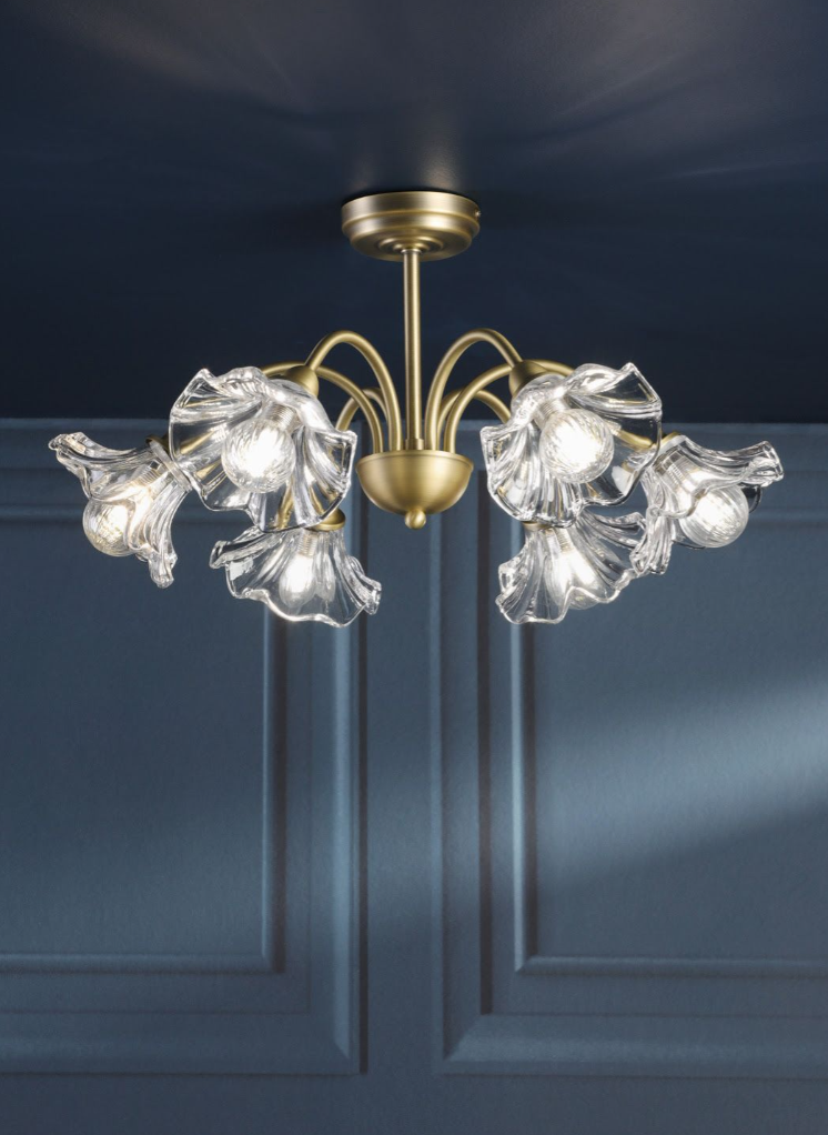 Kerswell 6Lt Semi Flush Ceiling Light- Matt Antique Brass and Glass
