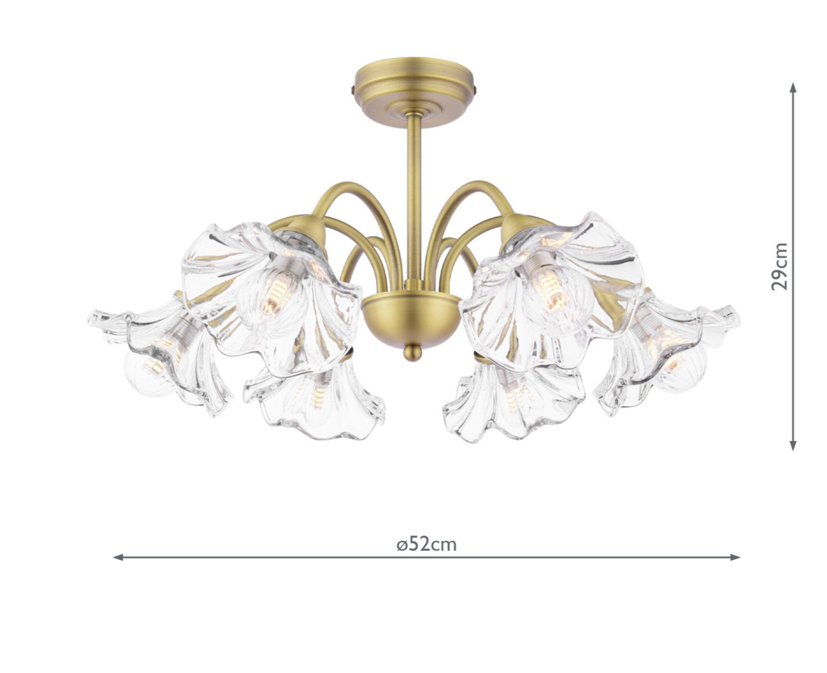 Kerswell 6Lt Semi Flush Ceiling Light- Matt Antique Brass and Glass