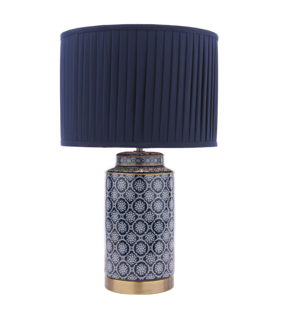 Knipton Table Lamp- Blue Ceramic and Antique Brass With Shade