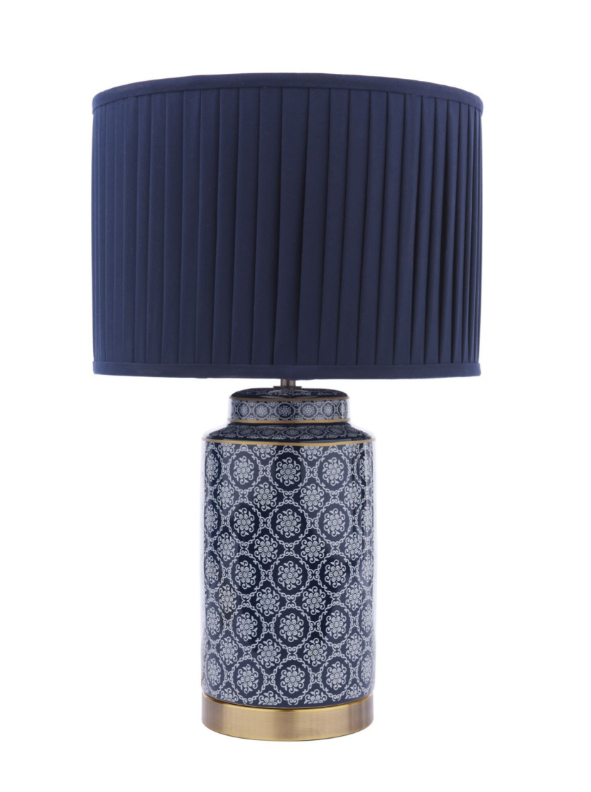 Knipton Table Lamp- Blue Ceramic and Antique Brass With Shade