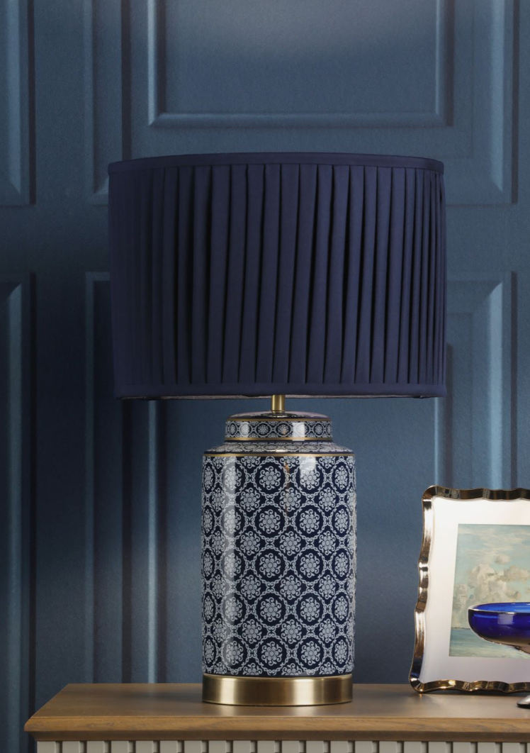 Knipton Table Lamp- Blue Ceramic and Antique Brass With Shade