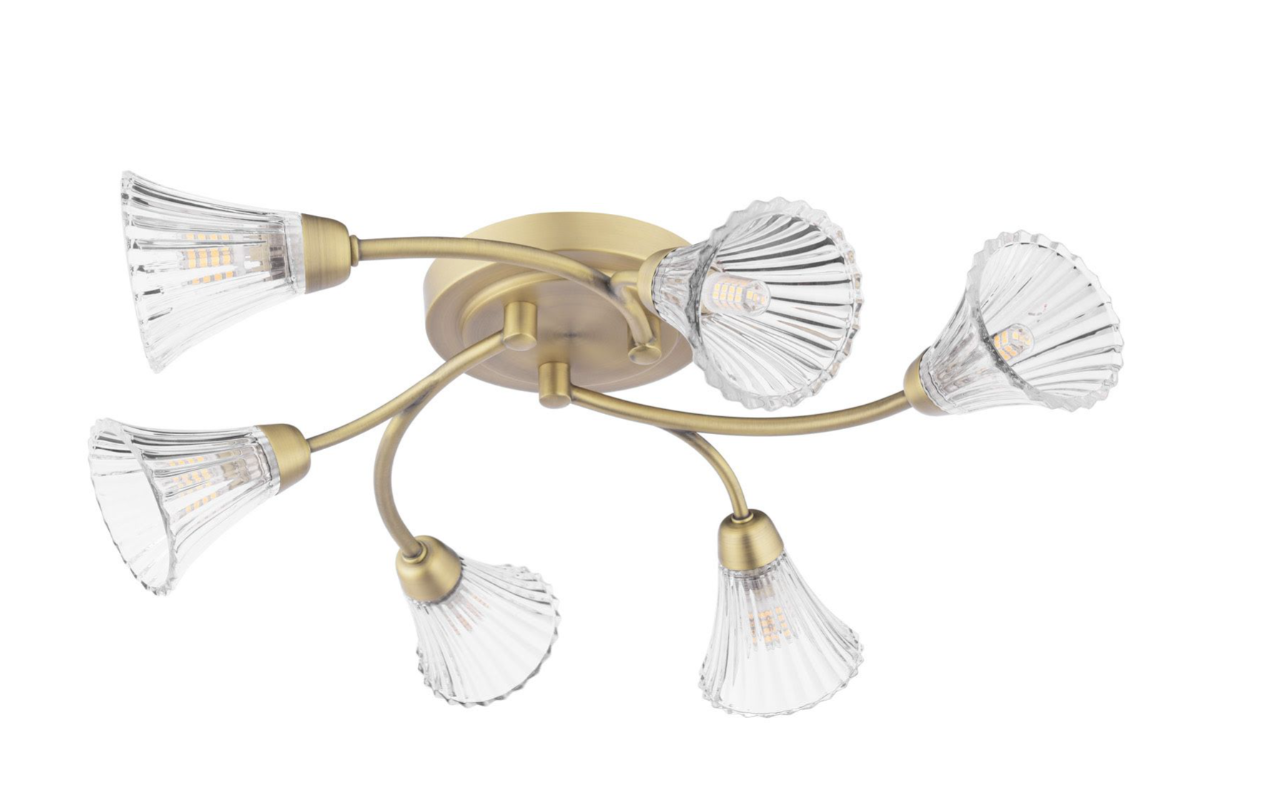 Lanton 6 Lt Semi-Flush Ceiling Light- Matt Antique Brass and Ribbed Glass
