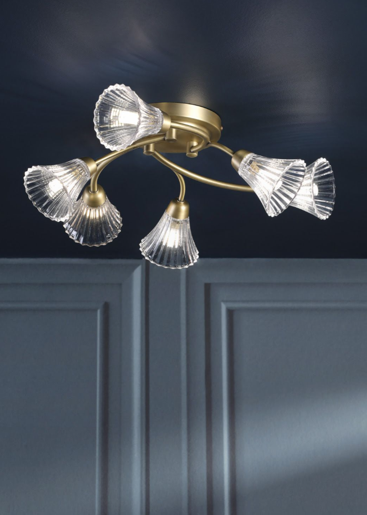 Lanton 6 Lt Semi-Flush Ceiling Light- Matt Antique Brass and Ribbed Glass