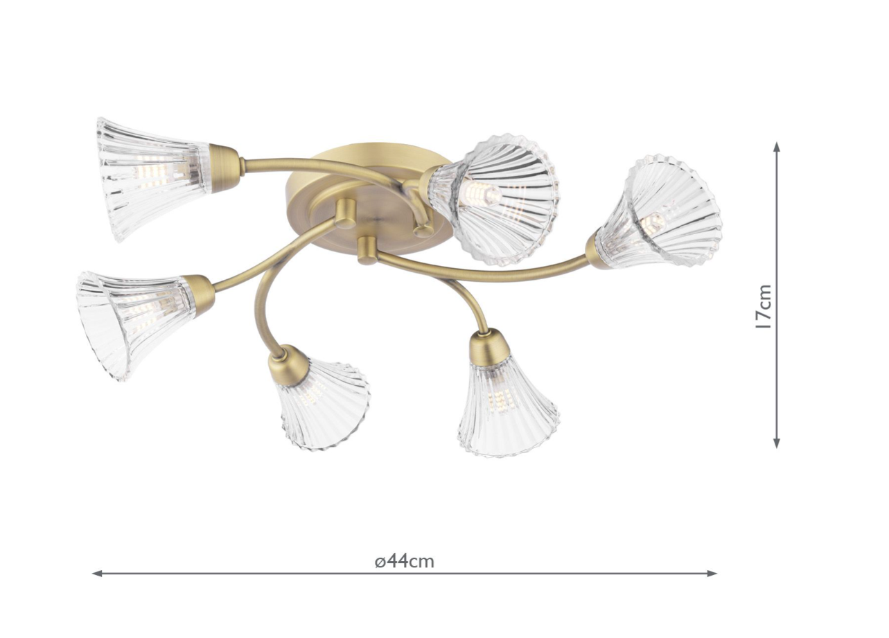 Lanton 6 Lt Semi-Flush Ceiling Light- Matt Antique Brass and Ribbed Glass