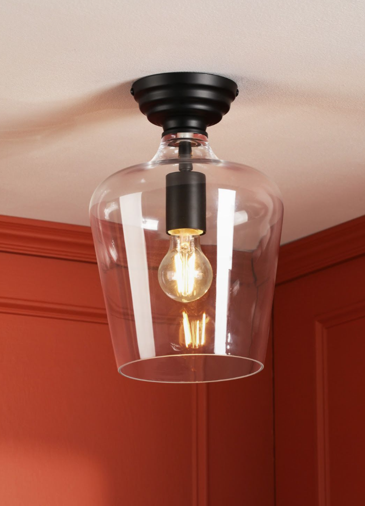 Ockley Semi Flush Ceiling Light- Antique Brass/ Matt Black & Glass Finishes