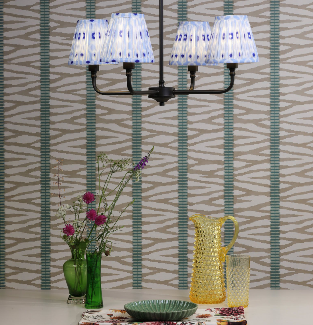 Padme 4 Light Pendant- Matt Black With White & Blue Shades