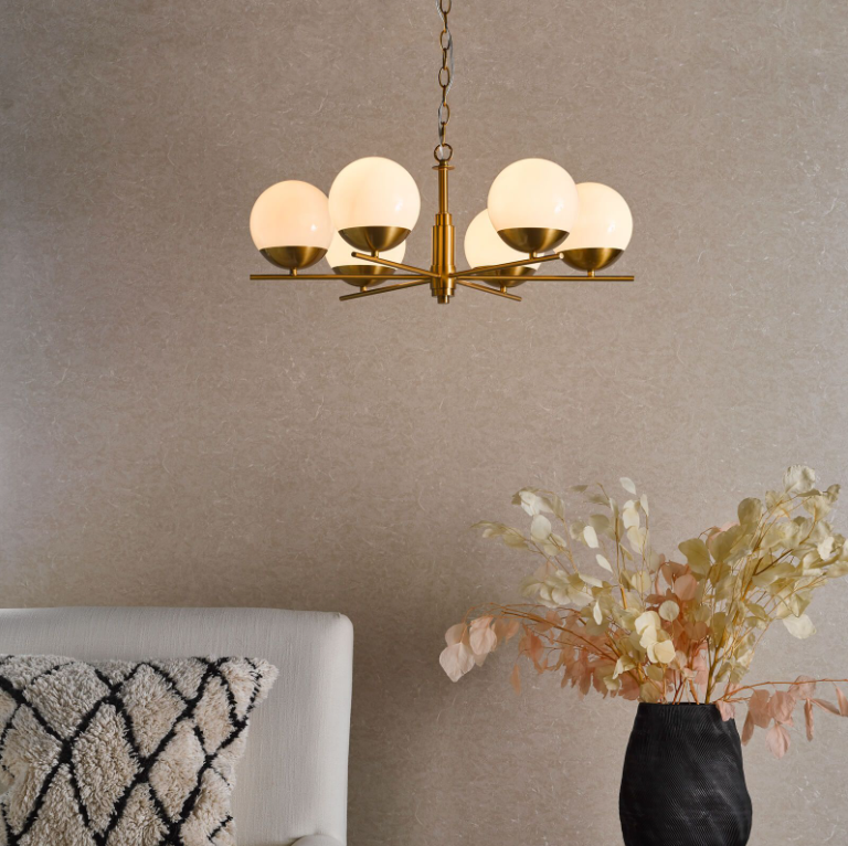 Bombazine 6/8Lt Centre Ceiling Light - Natural Brass & Opal Glass