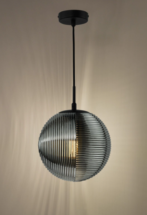 Evander Pendant Light-  Matt Black and Smoked Ribbed Glass
