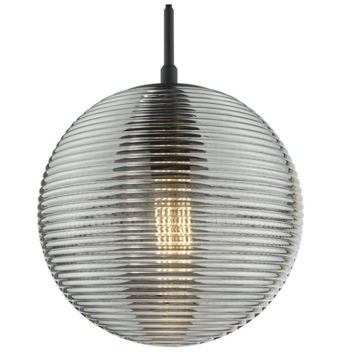 Evander Pendant Light-  Matt Black and Smoked Ribbed Glass