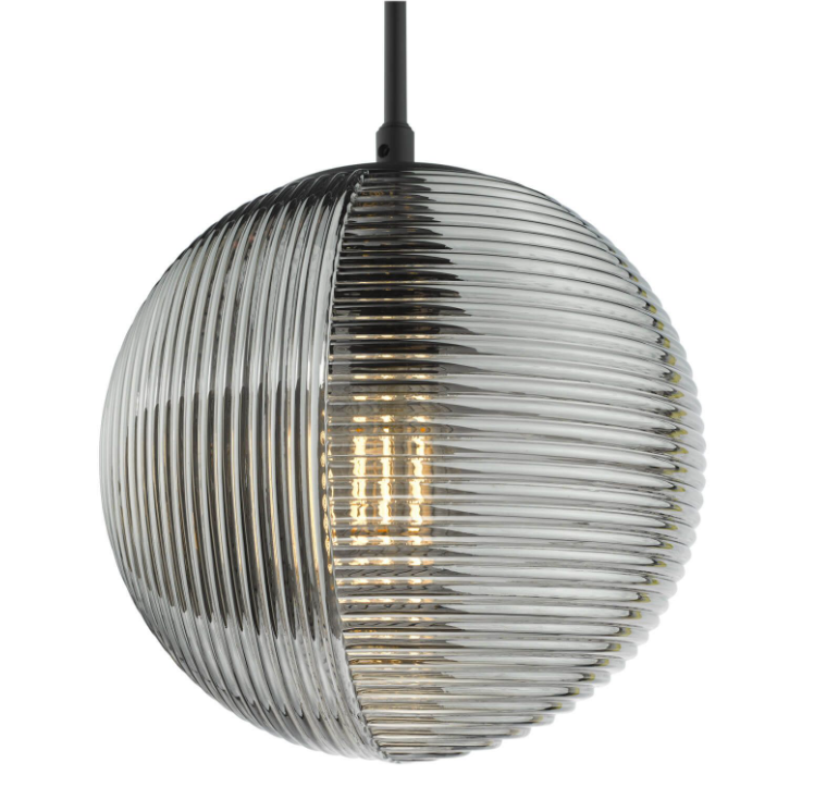 Evander Pendant Light-  Matt Black and Smoked Ribbed Glass