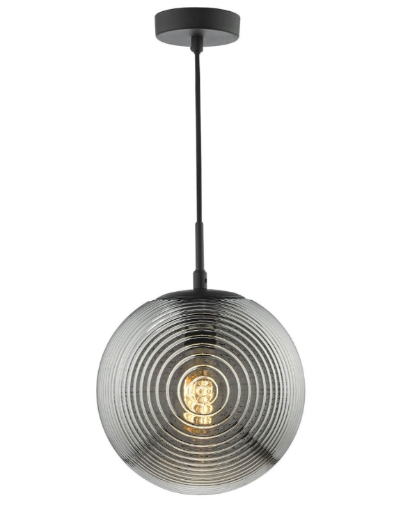 Evander Pendant Light-  Matt Black and Smoked Ribbed Glass