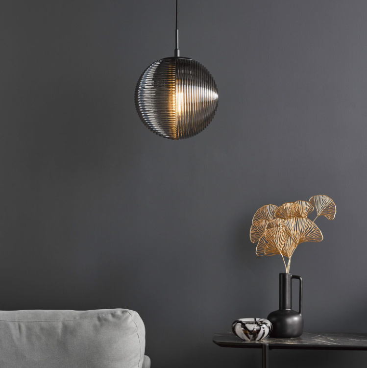 Evander Pendant Light-  Matt Black and Smoked Ribbed Glass