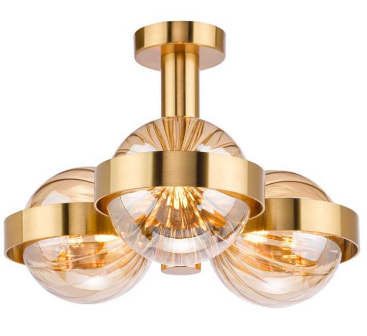 Ophira 3/6Lt Semi-Flush Light-  Antique Gold and Amber Ribbed Glass