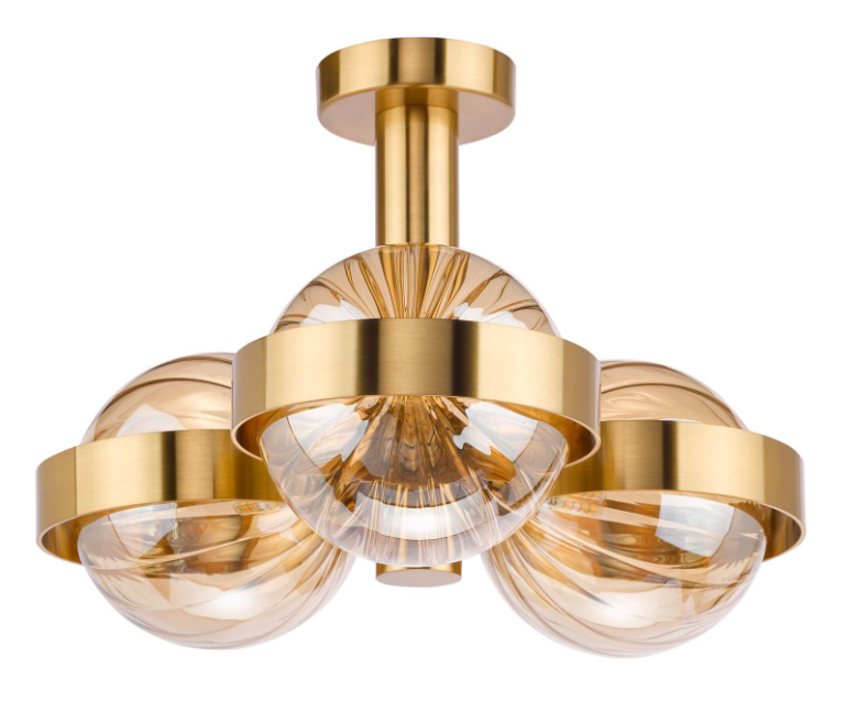 Ophira 3/6Lt Semi-Flush Light-  Antique Gold and Amber Ribbed Glass