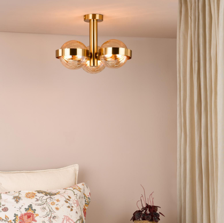 Ophira 3/6Lt Semi-Flush Light-  Antique Gold and Amber Ribbed Glass