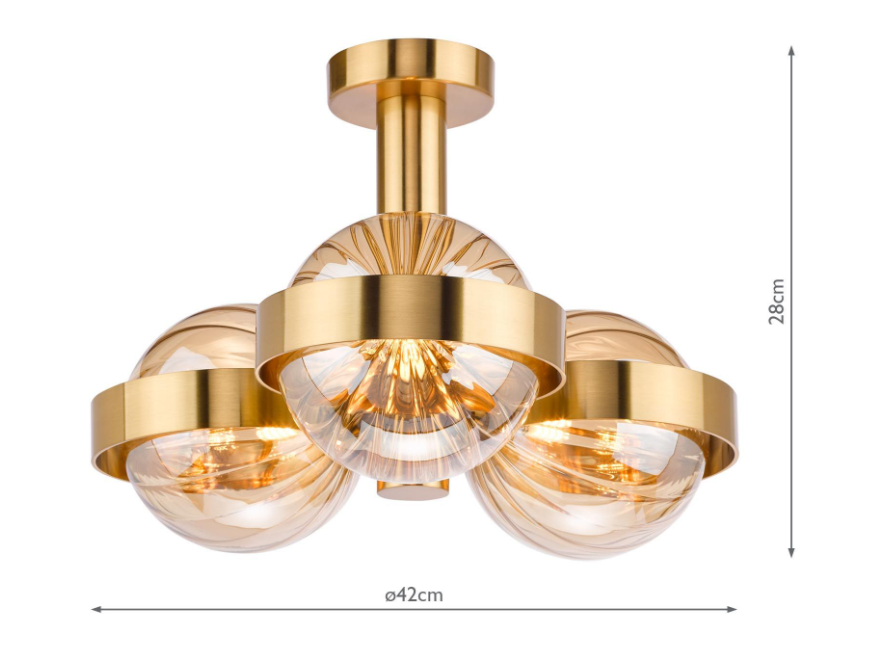 Ophira 3/6Lt Semi-Flush Light-  Antique Gold and Amber Ribbed Glass