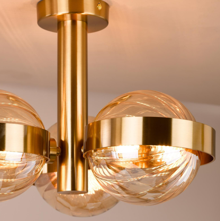 Ophira 3/6Lt Semi-Flush Light-  Antique Gold and Amber Ribbed Glass