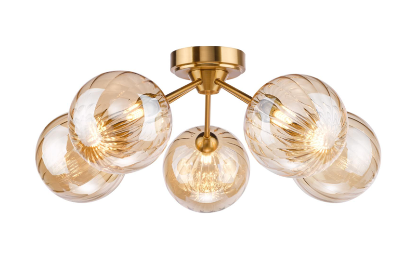 Liora 5/8Lt Semi-Flush Ceiling Light- Antique Gold and Amber Ribbed Glass