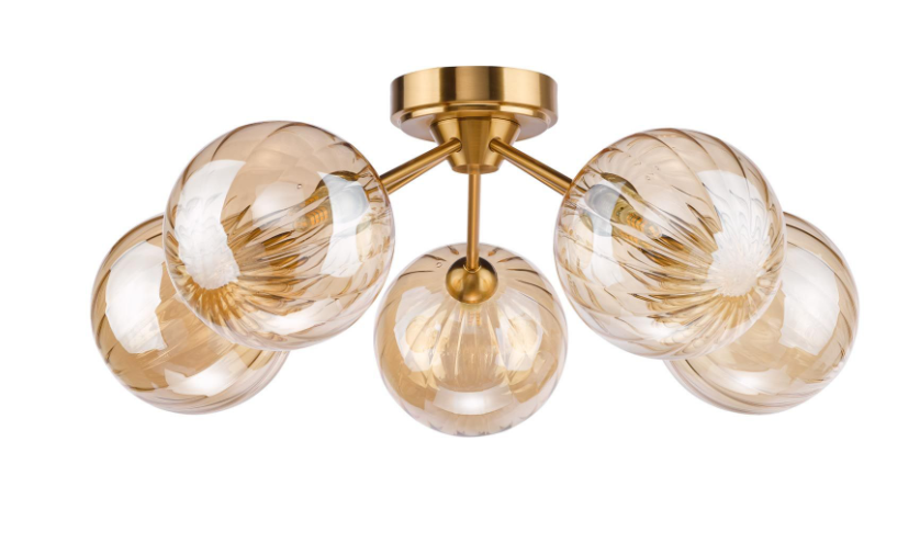 Liora 5/8Lt Semi-Flush Ceiling Light- Antique Gold and Amber Ribbed Glass