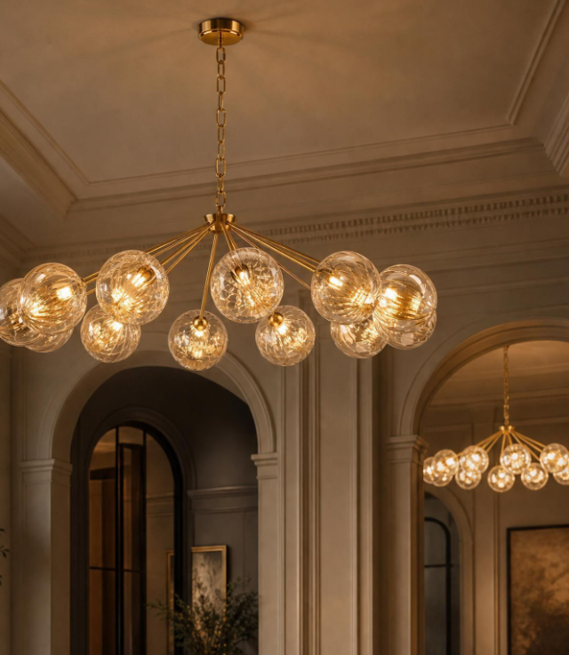 Liora 12Lt Chandelier- Antique Gold and Amber Ribbed Glass