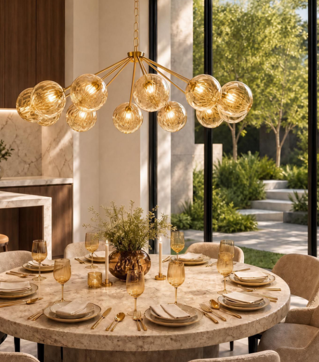 Liora 12Lt Chandelier- Antique Gold and Amber Ribbed Glass